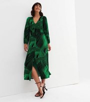 New Look Green Geometric Stripe Long Puff Sleeve Midi Wrap Dress